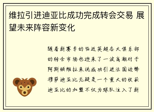 维拉引进迪亚比成功完成转会交易 展望未来阵容新变化