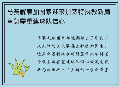 马赛解雇加图索迎来加塞特执教新篇章急需重建球队信心
